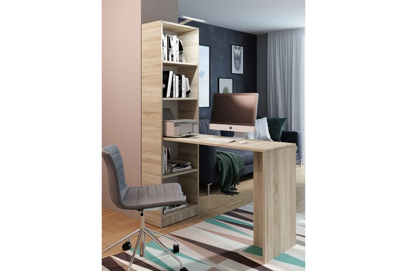 Skrivebord Gridia 125 cm med Oppbevaringshylle - Eikfarge/Beige - Skrivebord - Databord & PC bord