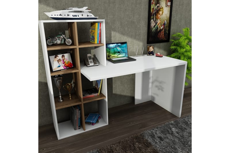 Skrivebord Joshua 151 cm med Oppbevaringshyller - Hvit/Valnøttsbrun - Skrivebord - Databord & PC bord