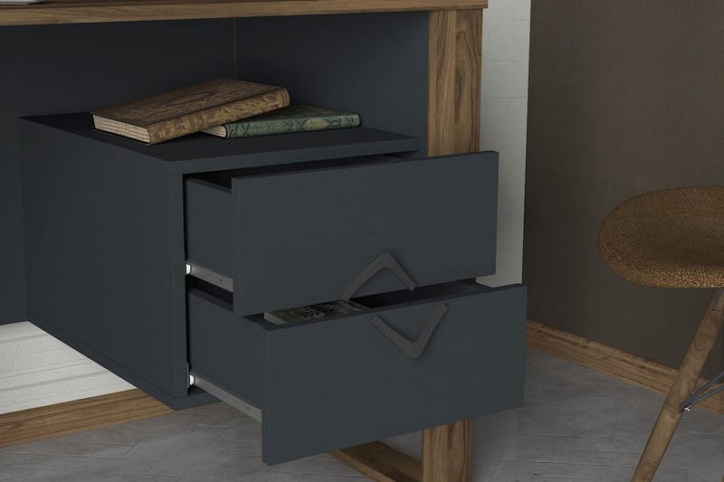 Skrivebord Jospeh 120 cm med Oppbevaring Skuffer + Hyller - Valnøttsbrun/Mørkegrå - Skrivebord - Databord & PC bord
