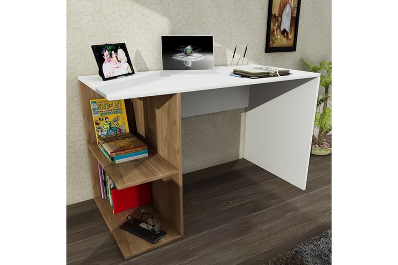 Skrivebord Lalenius 120 cm med Oppbevaringshyller - Hvit/Valnøttsbrun - Skrivebord - Databord & PC bord