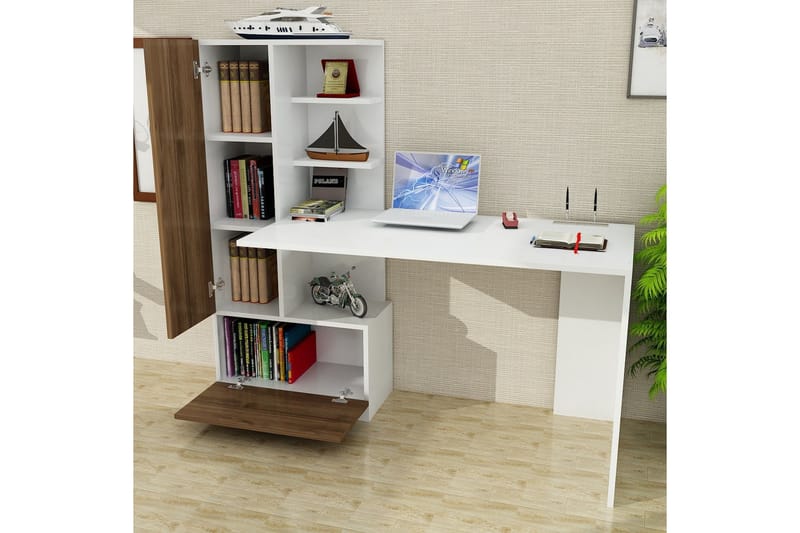 Skrivebord Lorella 120 cm med Oppbevaring Hyller + Skuff + S - Hvit/Valnøttsbrun - Skrivebord - Databord & PC bord