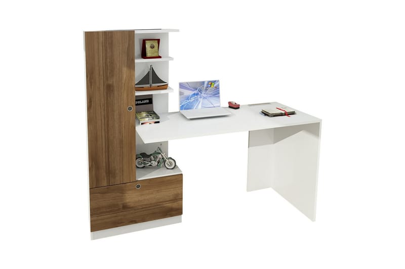 Skrivebord Lorella 120 cm med Oppbevaring Hyller + Skuff + S - Hvit/Valnøttsbrun - Skrivebord - Databord & PC bord