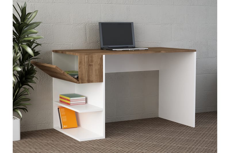 Skrivebord Lorella 121 cm med Oppbevaring Hyller +Lucka - Hvit/Valnøttsbrun - Skrivebord - Databord & PC bord