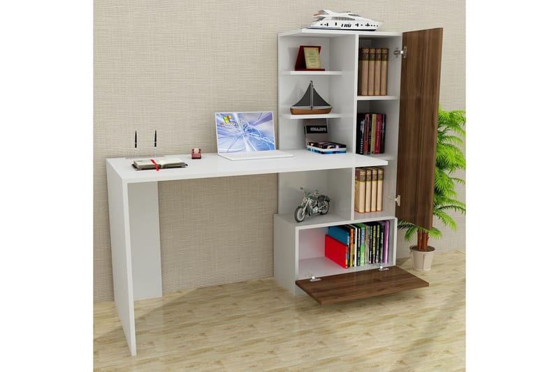 Skrivebord Lorella 150 cm med Oppbevaring Hyller + Skuff + S - Hvit/Valnøttsbrun - Skrivebord - Databord & PC bord
