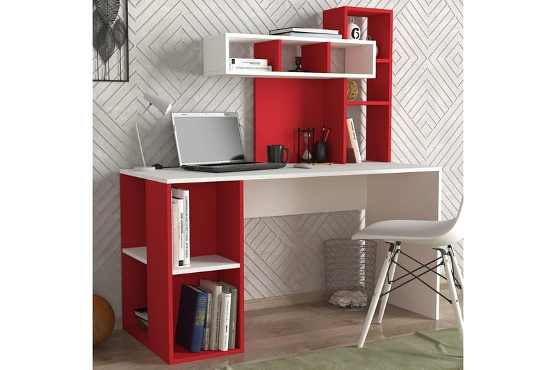 Skrivebord Lundskog 140 cm med Oppbevaringshyller - Hvit/Rød - Skrivebord - Databord & PC bord