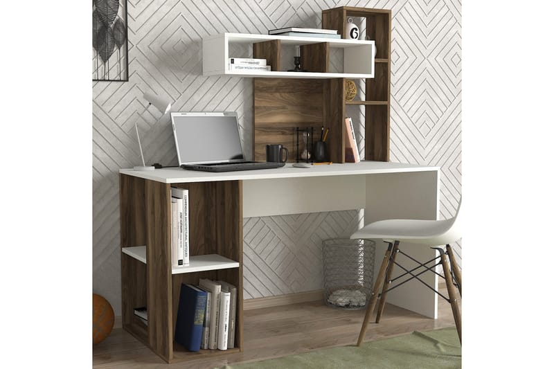 Skrivebord Lundskog 140 cm med Oppbevaringshyller - Hvit/Valnøttsbrun - Skrivebord - Databord & PC bord