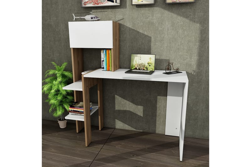 Skrivebord Margerill 114 cm med Oppbevaring Hyller+Luker - Hvit/Valnøttsbrun - Skrivebord - Databord & PC bord