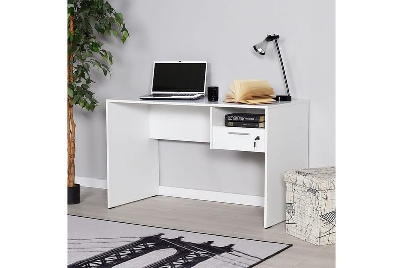 Skrivebord Mazirbe 120 cm med Oppbevaring Hyller + Låsbar Sk - Hvit - Skrivebord - Databord & PC bord