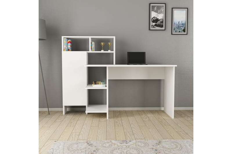 Skrivebord Mazirbe 135 cm med Oppbevaring Hyller + Skap - Hvit - Skrivebord - Databord & PC bord