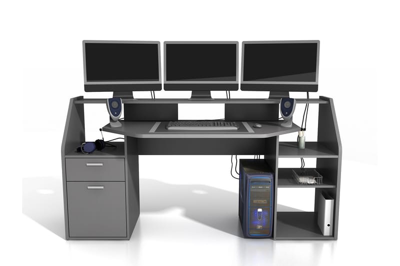 Skrivebord Mealy med Oppbevaringshyller + Skuff + Skap - Grå - Skrivebord - Databord & PC bord