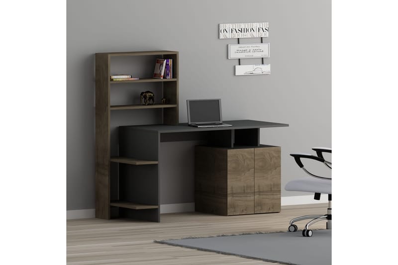Skrivebord Melisin 146 cm med Oppbevaringshyller + Skap - Valnøttsbrun/Antrasitt - Skrivebord - Databord & PC bord