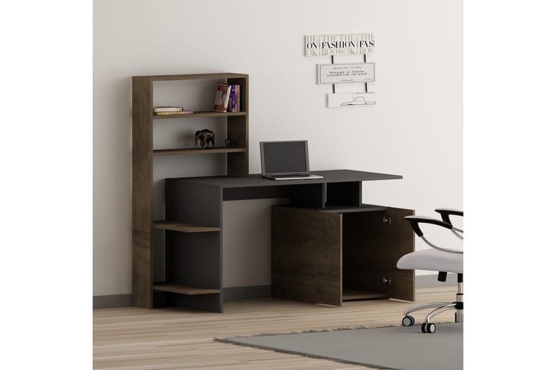 Skrivebord Melisin 146 cm med Oppbevaringshyller + Skap - Valnøttsbrun/Antrasitt - Skrivebord - Databord & PC bord