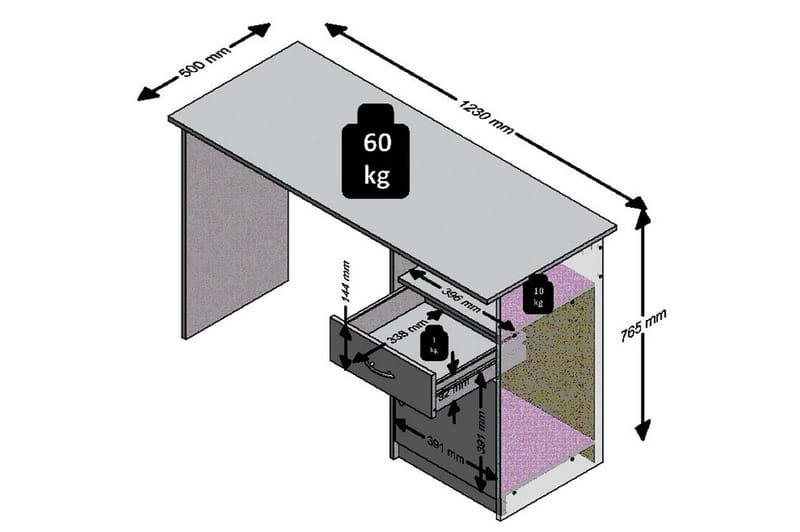 Skrivebord Melodi 123 cm med Oppbevaring Hylle + Skuff + Ska - Hvit/Svart - Skrivebord - Databord & PC bord