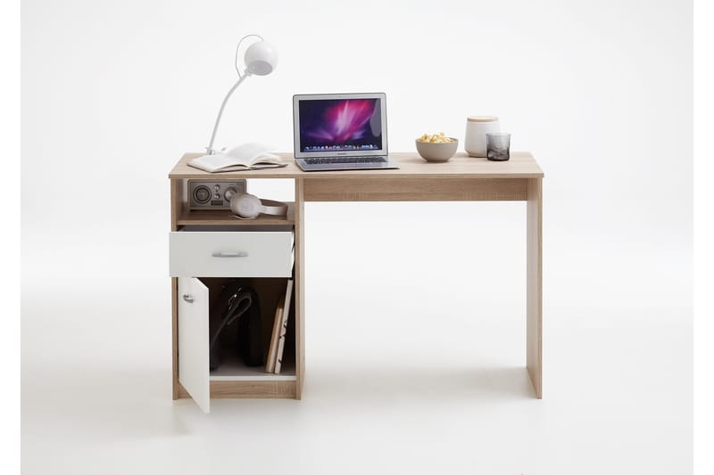 Skrivebord Melodi 123 cm med Oppbevaring Hylle + Skuff + Ska - Hvit/Tre - Skrivebord - Databord & PC bord