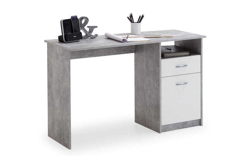 Skrivebord Melodi 123 cm med Oppbevaring Skuff + Skap + Hyll - Betonggrå/Hvit - Skrivebord - Databord & PC bord