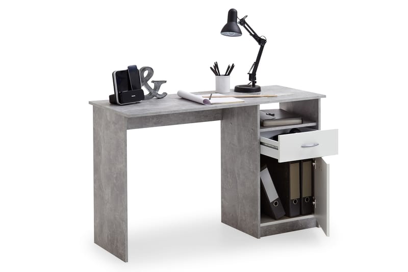 Skrivebord Melodi 123 cm med Oppbevaring Skuff + Skap + Hyll - Betonggrå/Hvit - Skrivebord - Databord & PC bord