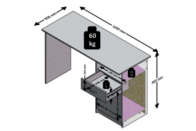 Skrivebord Melodi 123 cm med Oppbevaring Skuff + Skap + Hyll - Betonggrå/Hvit - Skrivebord - Databord & PC bord