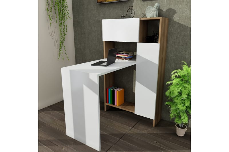 Skrivebord Mitcha 90 cm med Oppbevaring Hyller+Skap - Hvit/Valnøttsbrun - Skrivebord - Databord & PC bord