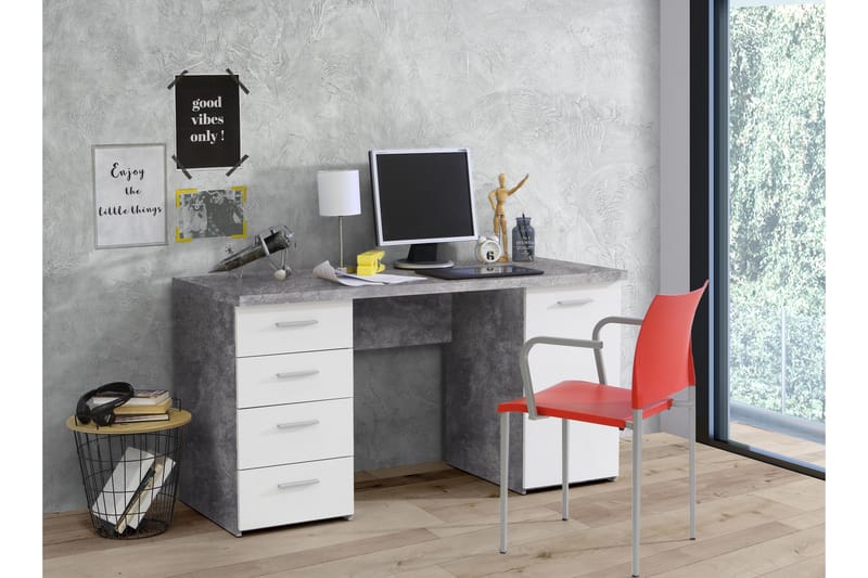 Skrivebord Skirbeck 145 cm med Oppbevaring Skap+4 Skuffer+Hy - Grå/Hvit - Skrivebord - Databord & PC bord
