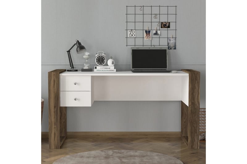 Skrivebord Tejmon 140 cm med Oppbevaring Skuffer - Hvit/Valnøttsbrun - Skrivebord - Databord & PC bord