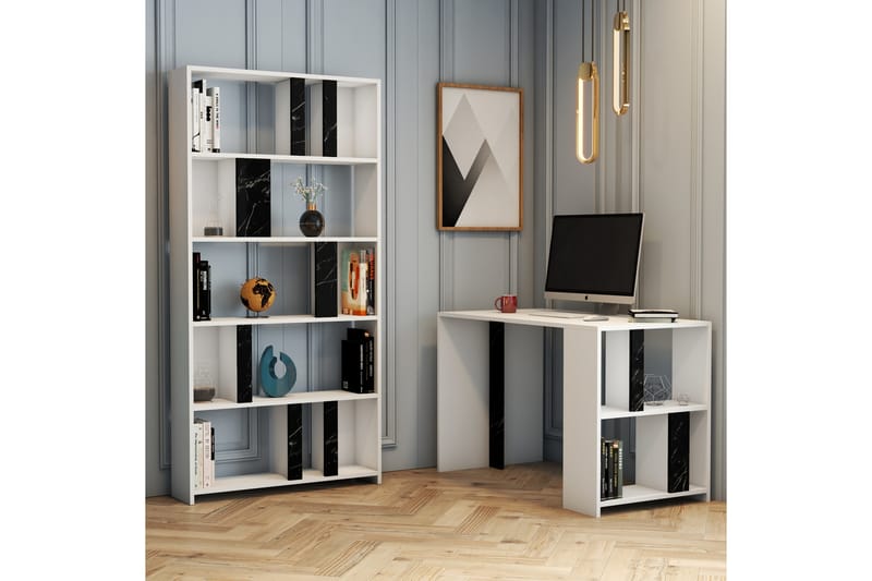 Skrivebord Tibani 120 cm med Oppbevaring Hylle Marmormønster - Hvit/Svart - Skrivebord - Databord & PC bord