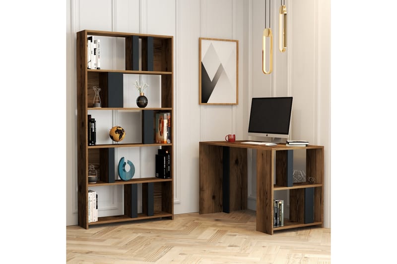 Skrivebord Tibani 120 cm med Oppbevaringshylle + Bokhylle - Valnøttsbrun/Antrasitt - Skrivebord - Databord & PC bord