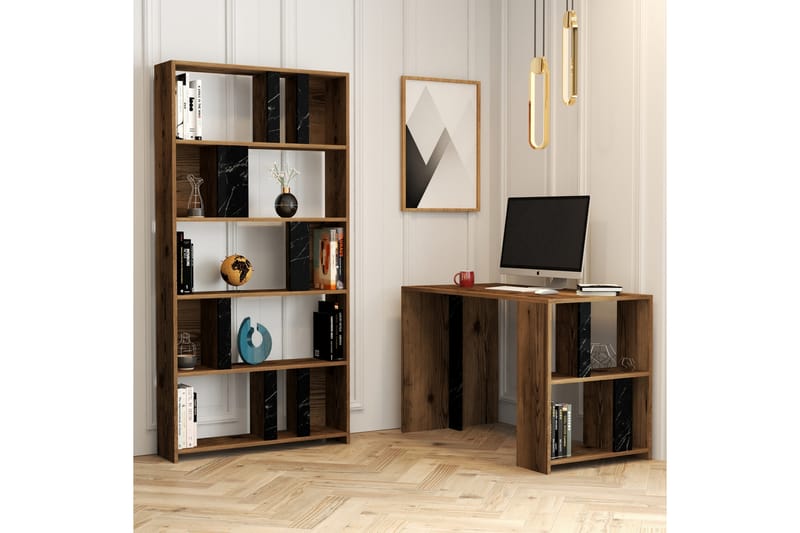 Skrivebord Tibani 120 cm med Oppbevaringshylle + Bokhylle - Valnøttsbrun/Svart - Skrivebord - Databord & PC bord