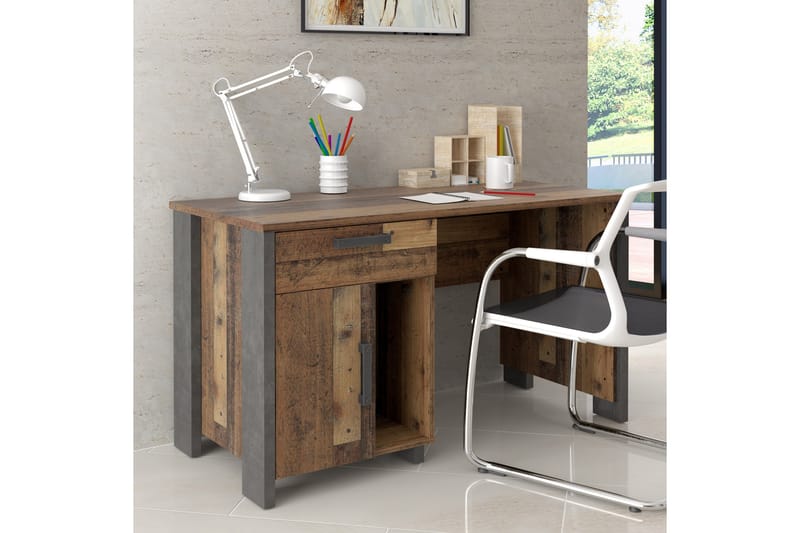 Skrivebord Treknow 127 cm med Oppbevaringsskuff + Skap - Brun/Grå - Skrivebord - Databord & PC bord