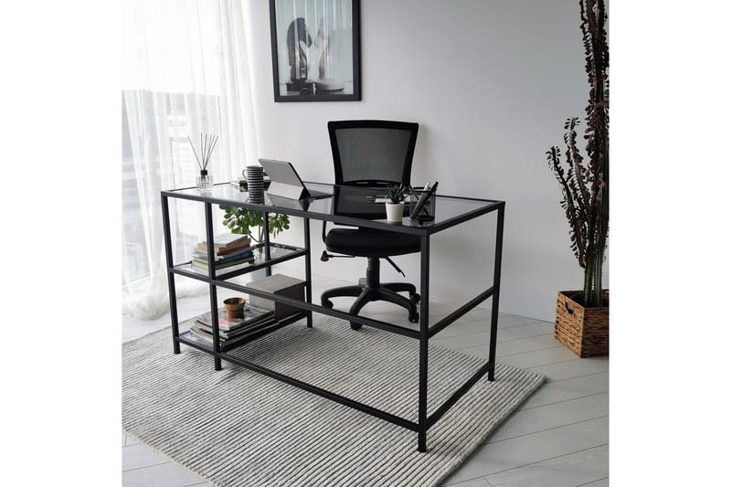 Skrivebord Vallsbo 130 cm med Oppbevaring 2 Hyller - Glass/Røykfarget/Svart - Skrivebord - Databord & PC bord