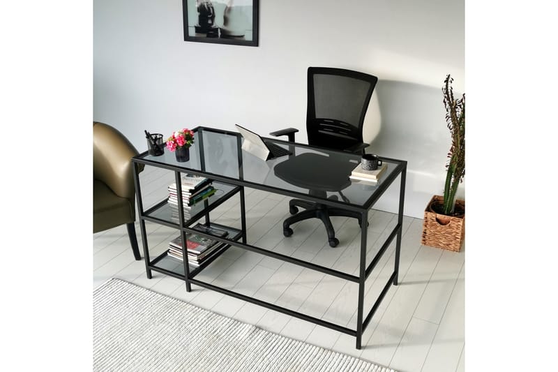 Skrivebord Vallsbo 130 cm med Oppbevaring 2 Hyller - Glass/Røykfarget/Svart - Skrivebord - Databord & PC bord