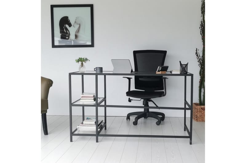 Skrivebord Vallsbo 130 cm med Oppbevaring 2 Hyller - Glass/Svart - Skrivebord - Databord & PC bord
