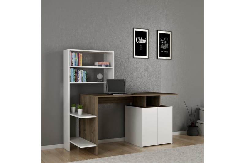 Skrivebord Waligora 146 cm med Oppbevaring Hyller + Skap - Valnøttsbrun/Hvit - Skrivebord - Databord & PC bord