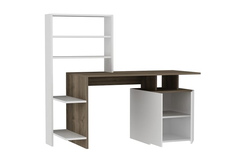 Skrivebord Waligora 146 cm med Oppbevaring Hyller + Skap - Valnøttsbrun/Hvit - Skrivebord - Databord & PC bord