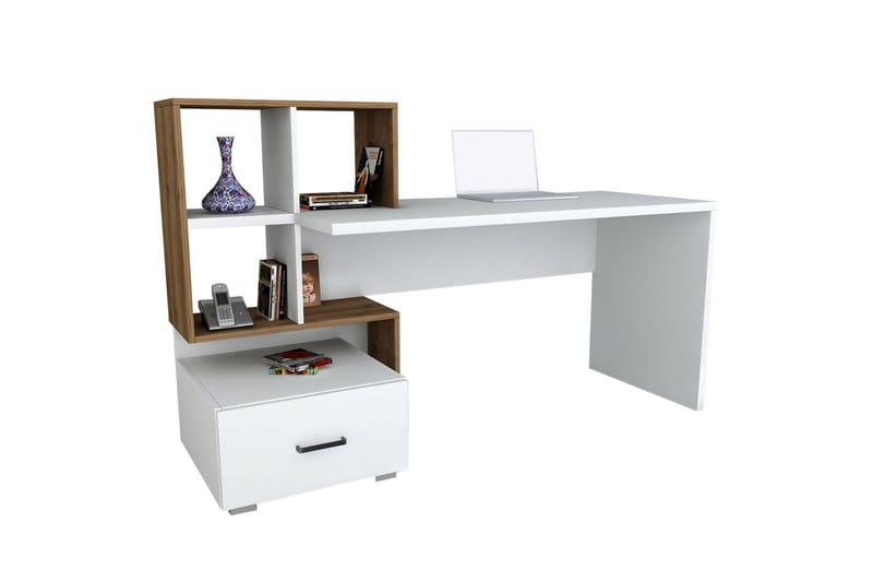 Skrivebord Wemus 152 cm med Oppbevaring Skuff+Hyller - Hvit/Valnøttsbrun - Skrivebord - Databord & PC bord