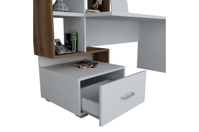 Skrivebord Wemus 152 cm med Oppbevaring Skuff+Hyller - Hvit/Valnøttsbrun - Skrivebord - Databord & PC bord