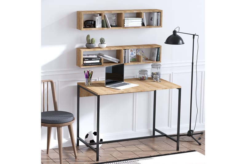 Skrivebord Pennyson 100 cm med Oppbevaring Vegghyller - Natur/Svart - Skrivebord - Databord & PC bord