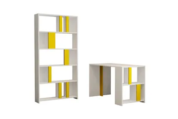 Timiza Skrivebord 120 cm med Oppbevaring Hylle + Bokhylle - Hvit/Gul - Møbler - Bord - Kontorbord - Skrivebord
