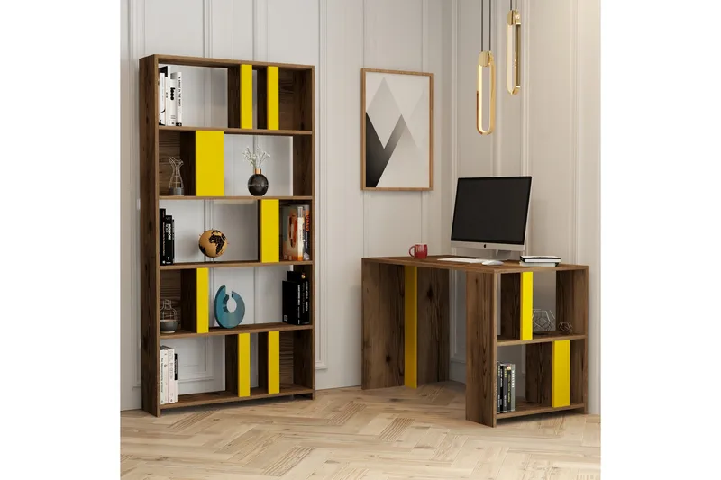Timiza Skrivebord 120 cm med Oppbevaring Hylle + Bokhylle - Valnøttsbrun/Gul - Møbler - Bord - Kontorbord - Skrivebord