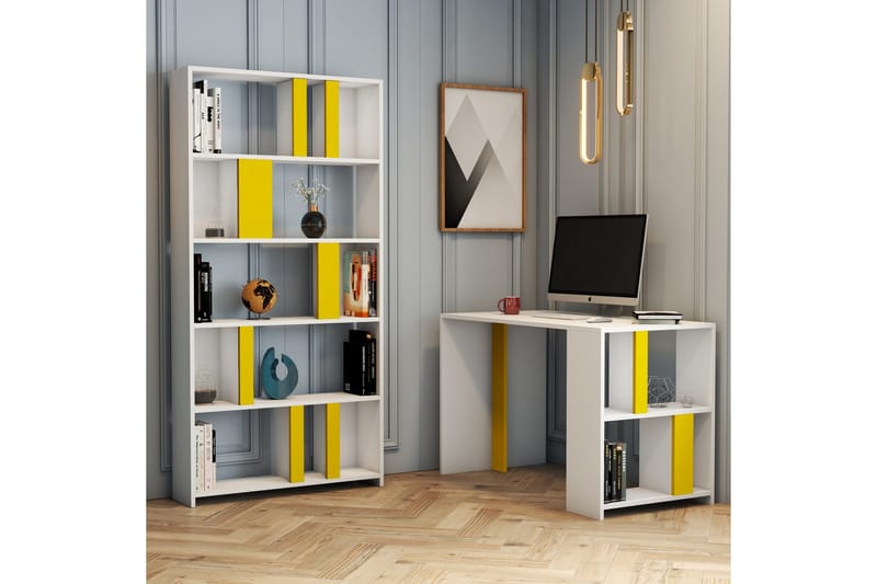 Timiza Skrivebord 120 cm med Oppbevaring Hylle + Bokhylle - Hvit/Gul - Møbler - Bord - Kontorbord - Skrivebord