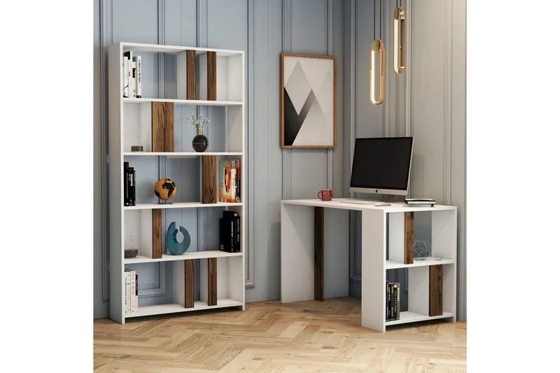 Timiza Skrivebord 120 cm med Oppbevaring Hylle + Bokhylle, Hvit/Valnøttsbrun