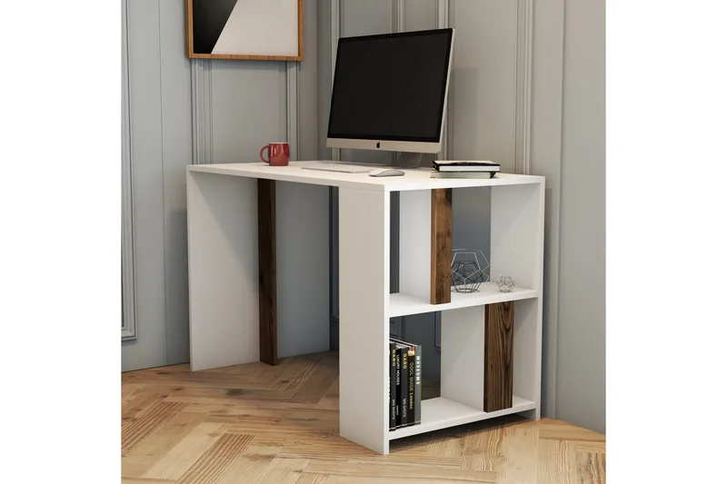 Timiza Skrivebord 120 cm med Oppbevaring Hylle - Hvit/Valnøttsbrun - Møbler - Bord - Kontorbord - Skrivebord