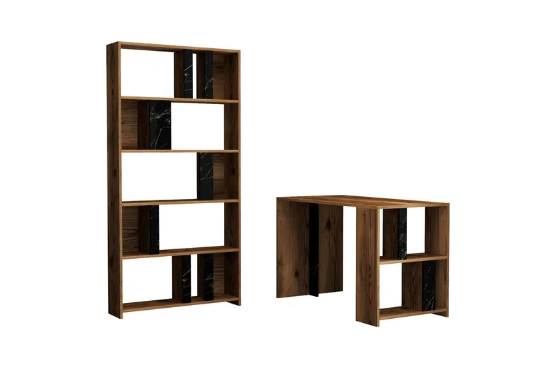 Timiza Skrivebord 120 cm med Oppbevaringshylle + Bokhylle - Valnøttsbrun/Svart - Møbler - Bord - Kontorbord - Skrivebord