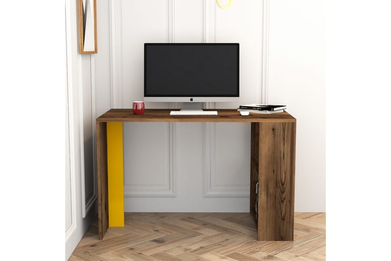 Timiza Skrivebord 120 cm med Oppbevaringshylle - Valnøttsbrun/Gul - Møbler - Bord - Kontorbord - Skrivebord