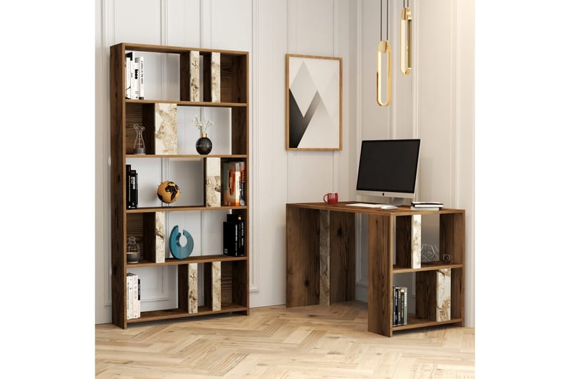 Timiza Skrivebord 120cm Oppbevaring Hylle+Bokhylle Marmormøn - Brun - Møbler - Bord - Kontorbord - Skrivebord
