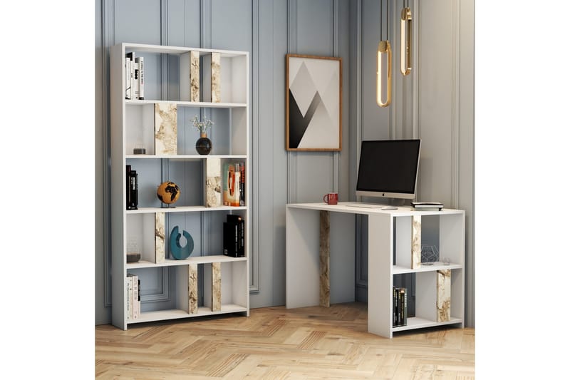 Timiza Skrivebord 120cm Oppbevaring Hylle+Bokhylle Marmormøn, Hvit