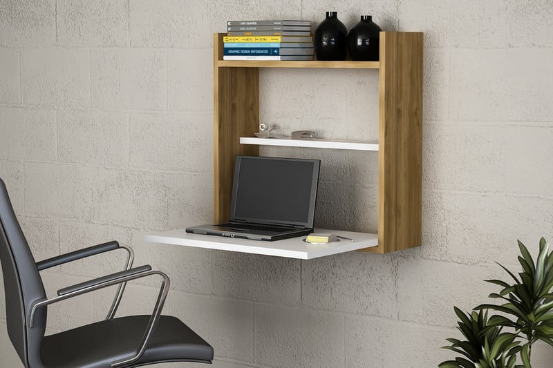 Veggskrivebord Epifania 60 cm med Oppbevaring Hyller - Hvit/Valnøttsbrun - Skrivebord - Databord & PC bord