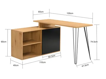 Vorlen hjørneskrivebord 130 cm i MDF med hylle - eikedekor svart - Møbler - Bord - Kontorbord - Skrivebord - Hjørneskrivebord