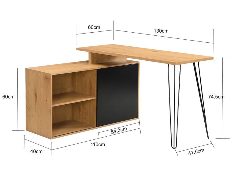 Vorlen hjørneskrivebord 130 cm i MDF med hylle - eikedekor svart - Møbler - Bord - Kontorbord - Skrivebord - Hjørneskrivebord