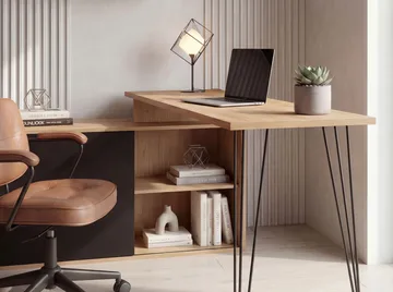 Vorlen hjørneskrivebord 130 cm i MDF med hylle - eikedekor svart - Møbler - Bord - Kontorbord - Skrivebord - Hjørneskrivebord