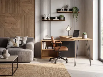 Vorlen hjørneskrivebord 130 cm i MDF med hylle - eikedekor svart - Møbler - Bord - Kontorbord - Skrivebord - Hjørneskrivebord